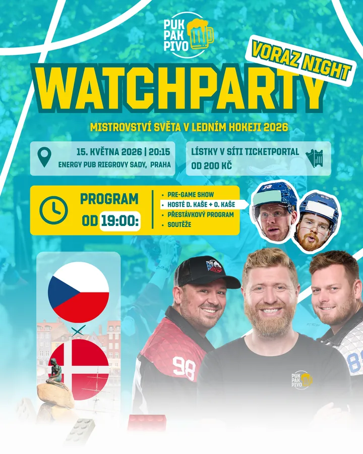 Watchparty Česko–Dánsko, pátek 15. 5. 2026 20:15, Voraz Night, hosté Ondřej a David Kaše.