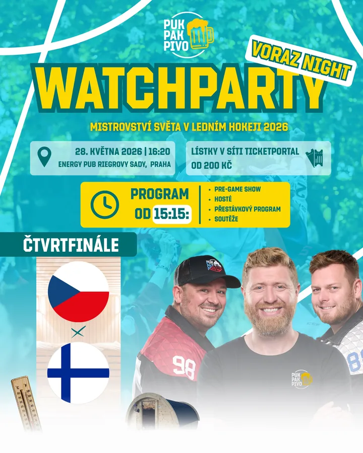Watchparty Česko–Finsko, čtvrtfinále MS 2026, čtvrtek 28. 5. 16:20, Voraz Night.
