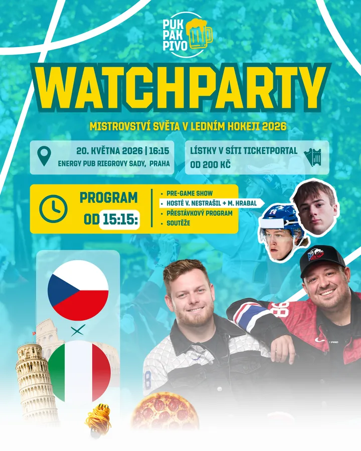 Watchparty Česko–Itálie, 20. 5. 2026 16:15, hosté Václav Nestrašil a Michael Hrabal. Program od 15:15.