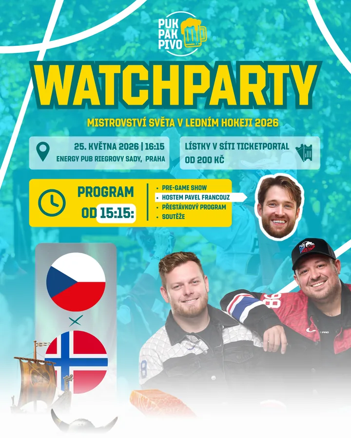 Watchparty Česko–Norsko, 25. 5. 2026 16:15, host Pavel Francouz. Program od 15:15.