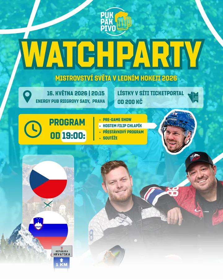 Watchparty Česko–Slovinsko, 16. 5. 2026 20:15, host Filip Chlapík. Program od 19:00.