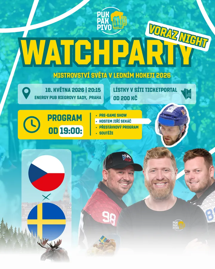 Watchparty Česko–Švédsko, 18. 5. 2026 20:15, Voraz Night, host Jiří Sekač. Program od 19:00.